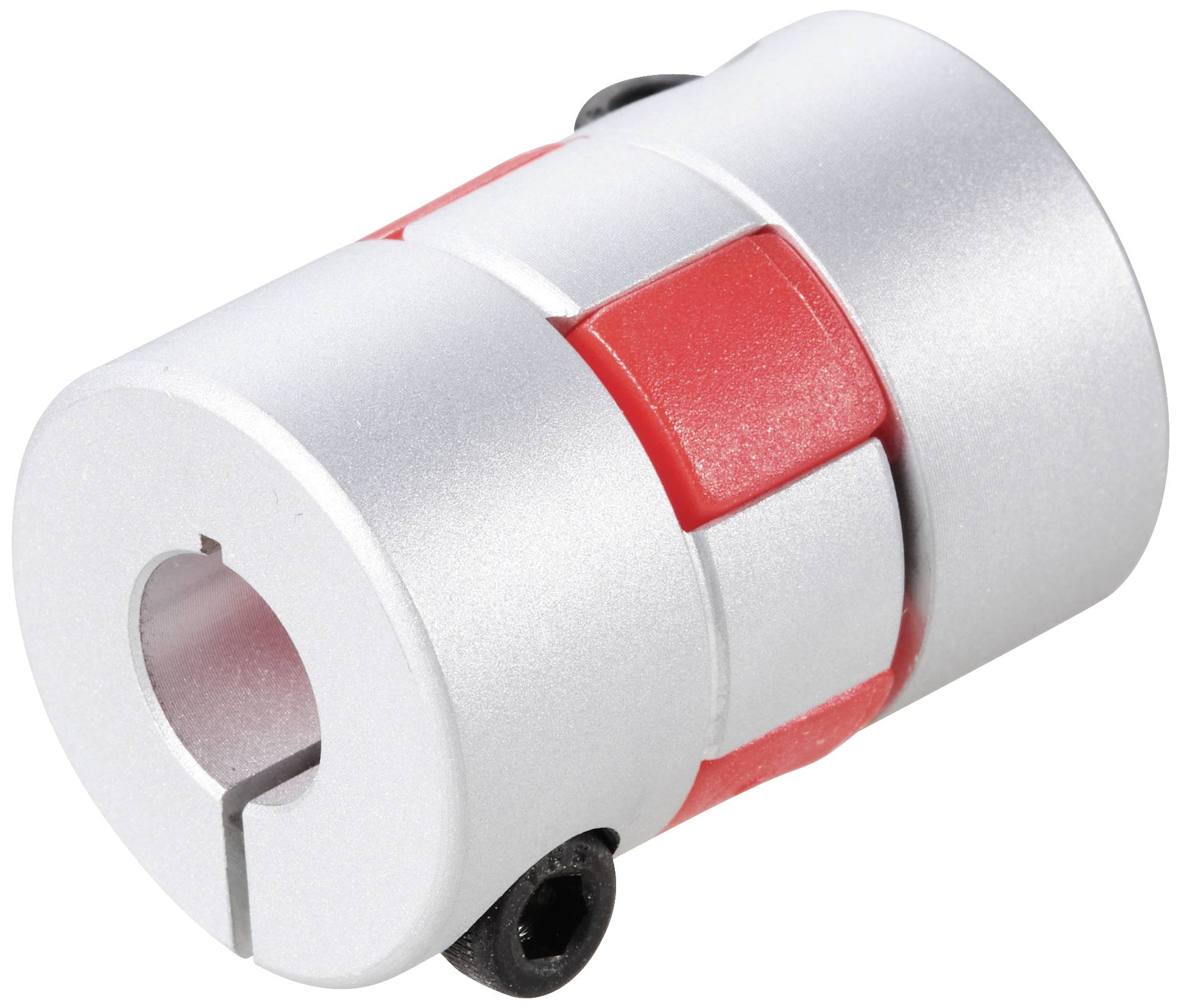 Zilveren metalen schroefkoppelingsconnector met rood kunststof middendeel, geschikt voor machine- of mechanische toepassingen.