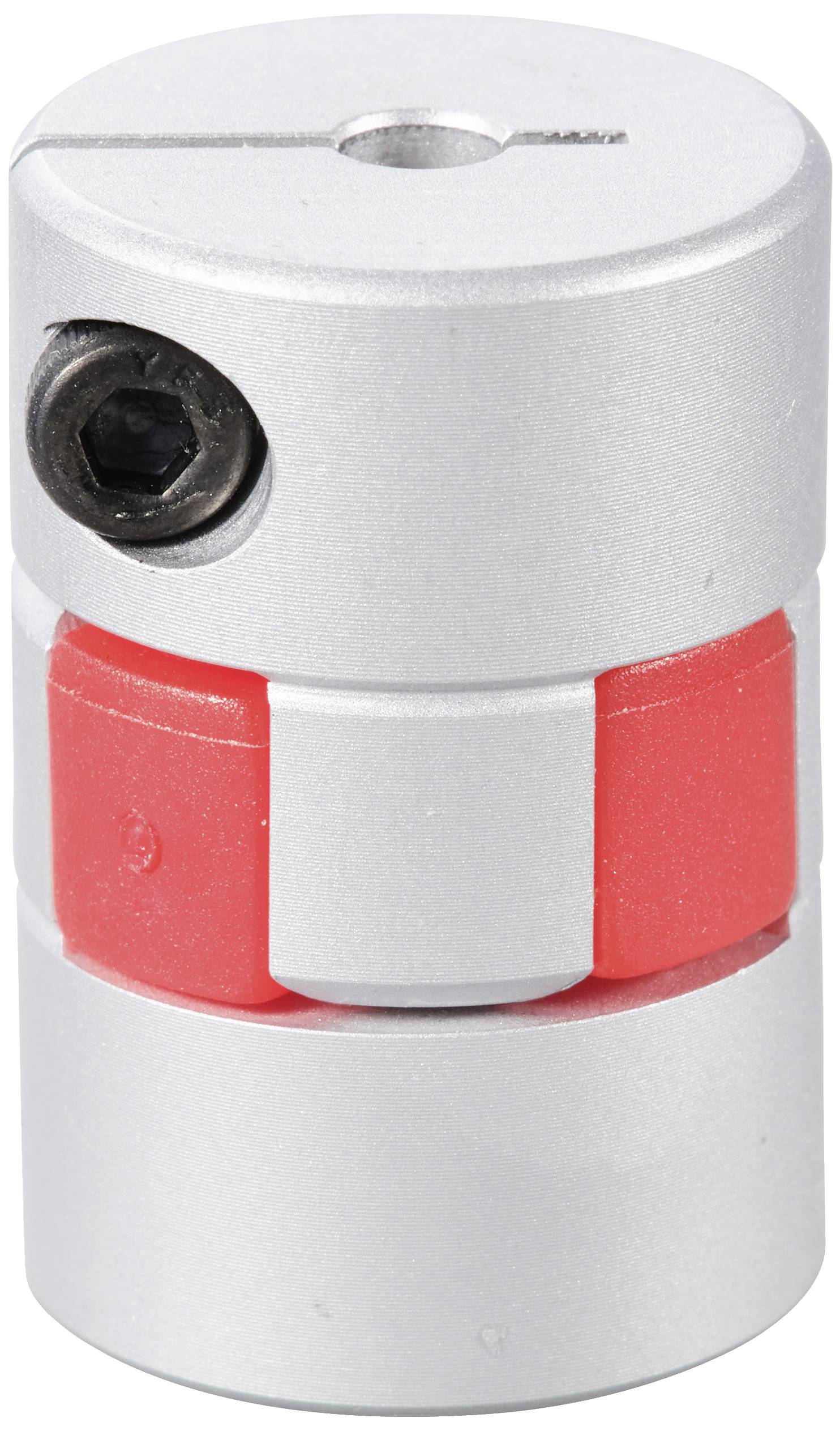 Een zilveren koppeling met een rood elastisch element en een zwarte bevestigingsschroef, gebruikt voor het verbinden van assen.