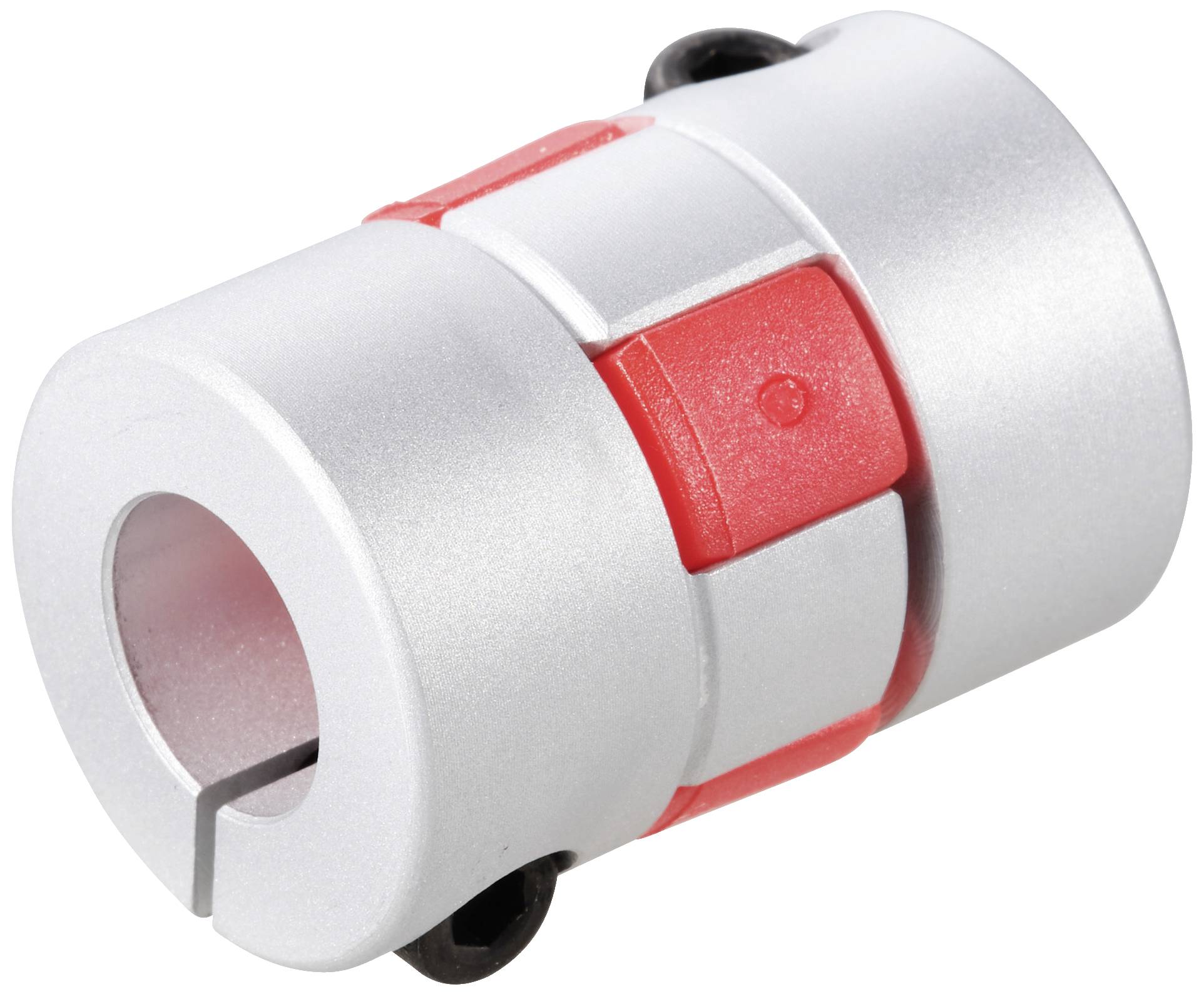 Metalen koppeling met rode rubberen demping in het midden. Verbindt twee assen en reduceert trillingen.