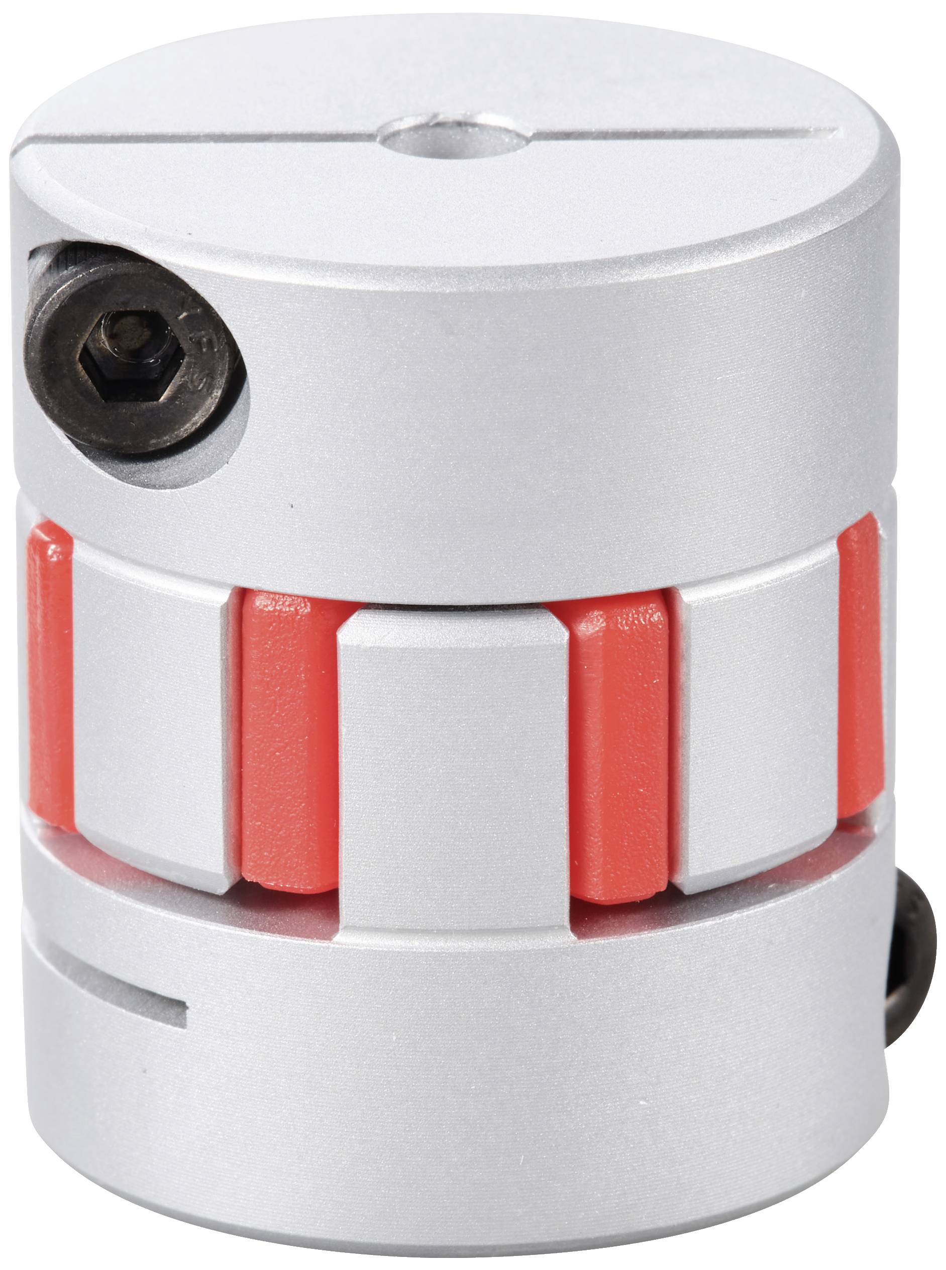 Metalen koppeling met rood dempingselement, geschikt voor asleidingen in machines.