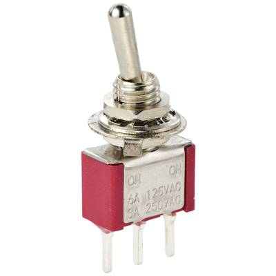 Een rode tuimelschakelaar met drie aansluitpennen. Gemarkeerd met 'ON' en technische specificaties: 6A 125VAC, 3A 250VAC.