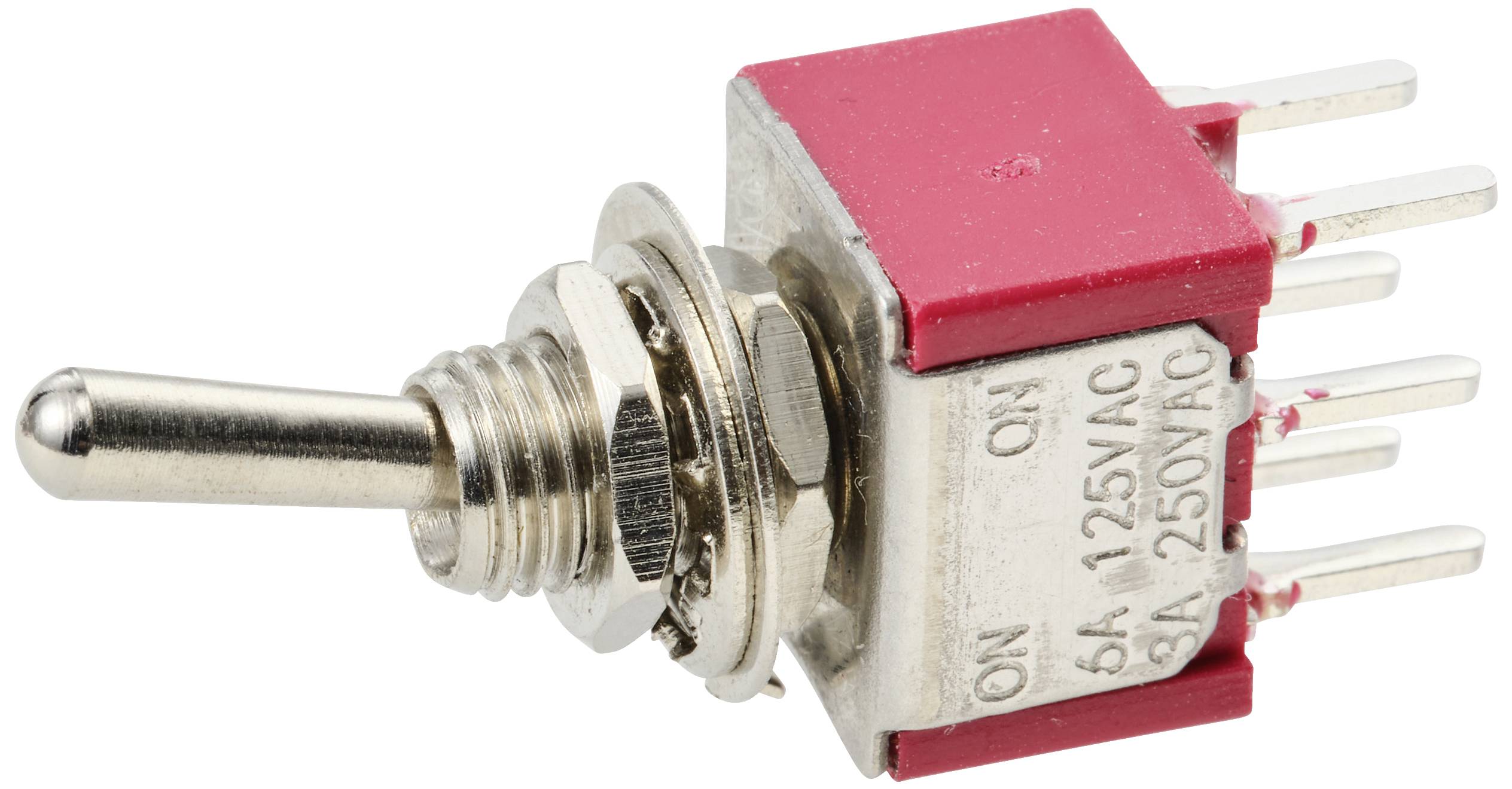 Een zilveren tuimelschakelaar met een rood behuizing en zes metalen pennen voor elektrische verbindingen. Links is de tuimelschakelaar hendel zichtbaar.