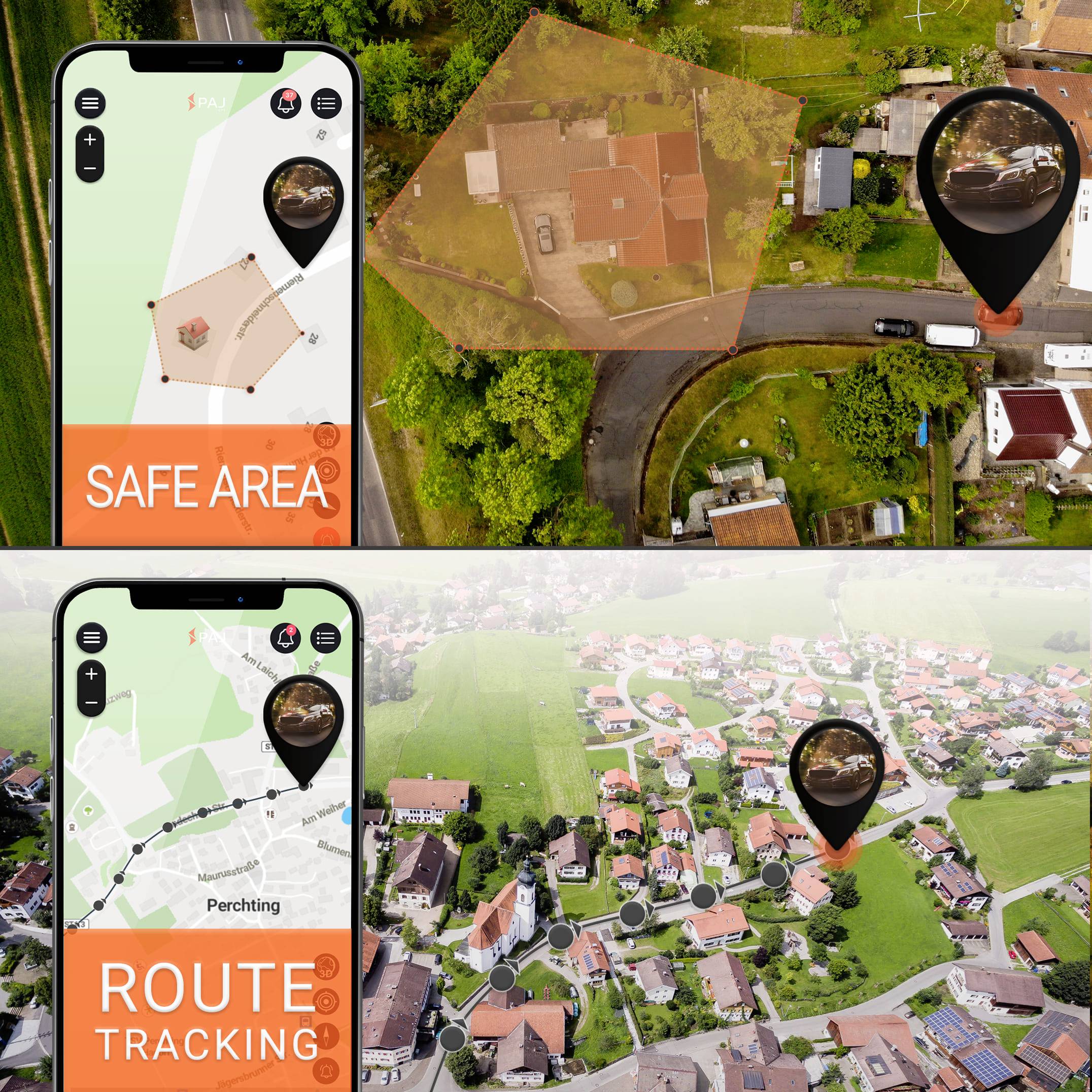 Twee kaarten tonen de 'Veilige Zone' en 'Route Tracking' in een woonwijk. Markeringen en contouren benadrukken veiligheidszones en routes.