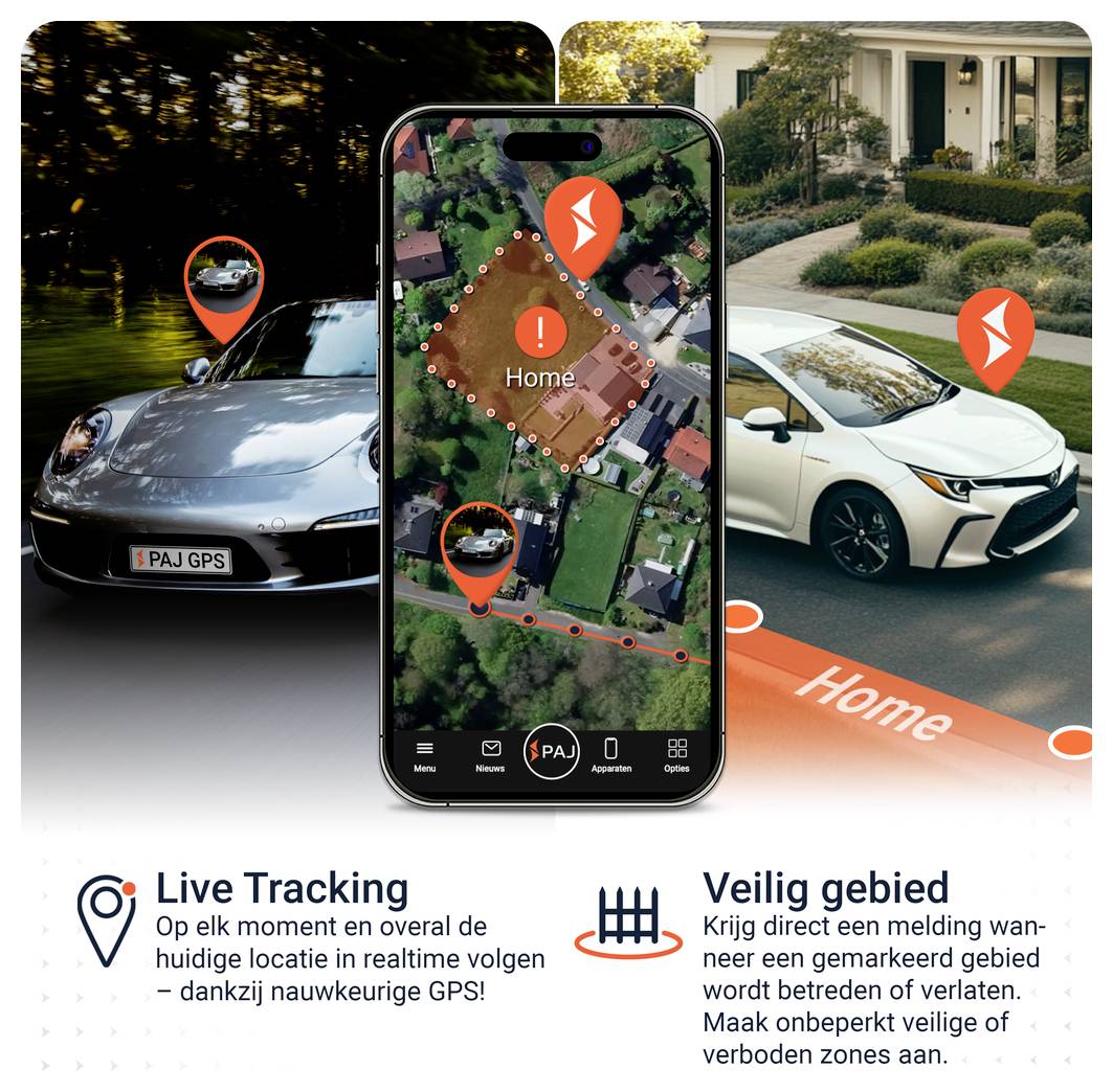 Reclameafbeelding voor GPS-localisering en veiligheidszone's: auto-tracking op smartphone-kaart, gemarkeerd 'Home'-gebied en alarm bij het verlaten of betreden.
