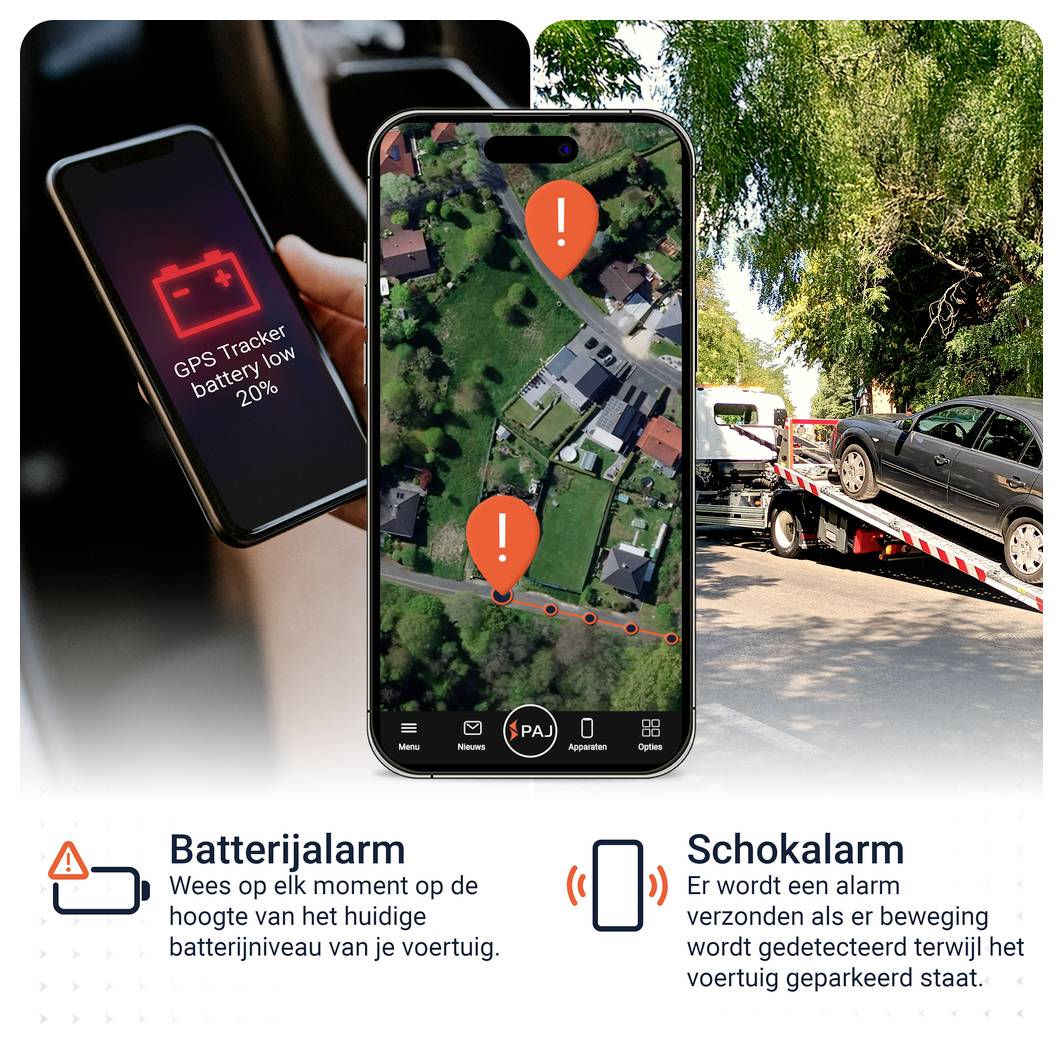 Reclame-afbeelding voor GPS-tracker: lage batterijstand, locatiekaart met alarmmerkingen en het slepen van een auto; onderaan teksten over batterijwaarschuwing en schokdetectiewaarschuwing.