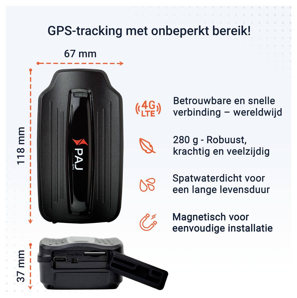 Advertentiafbeelding van een GPS-tracker van PAJ met afmetingen van 67 x 118 x 37 mm; genoemd worden 4G/LTE, 280 g, spatwaterdicht en magnetische bevestiging.