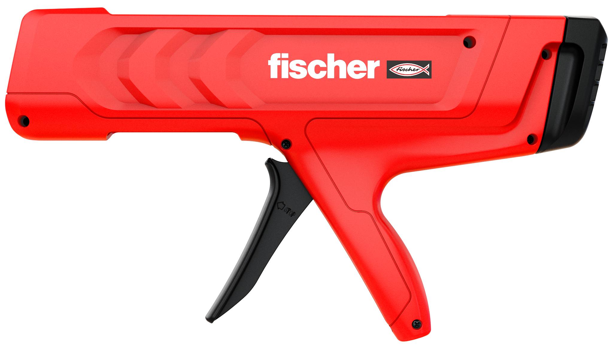 Rood gereedschap met een handgreep dat lijkt op een tacker. Op de behuizing staat 'Fischer'. Wordt waarschijnlijk gebruikt voor het bevestigen van materialen.