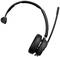 Zwart draadloos headset met microfoonarm, zijaanzicht. Geschikt voor kantoor- of thuisgebruik, ergonomisch ontwerp.