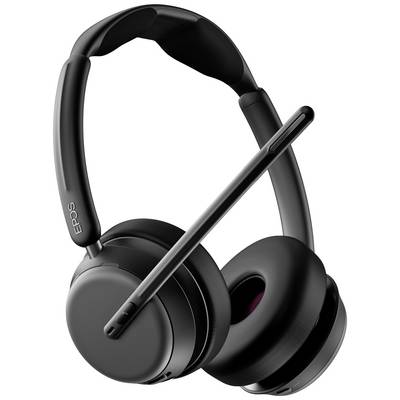 Zwart draadloos headset met microfoon, geschikt voor telefonische vergaderingen of muziek. Heldere geluidskwaliteit en modern design.