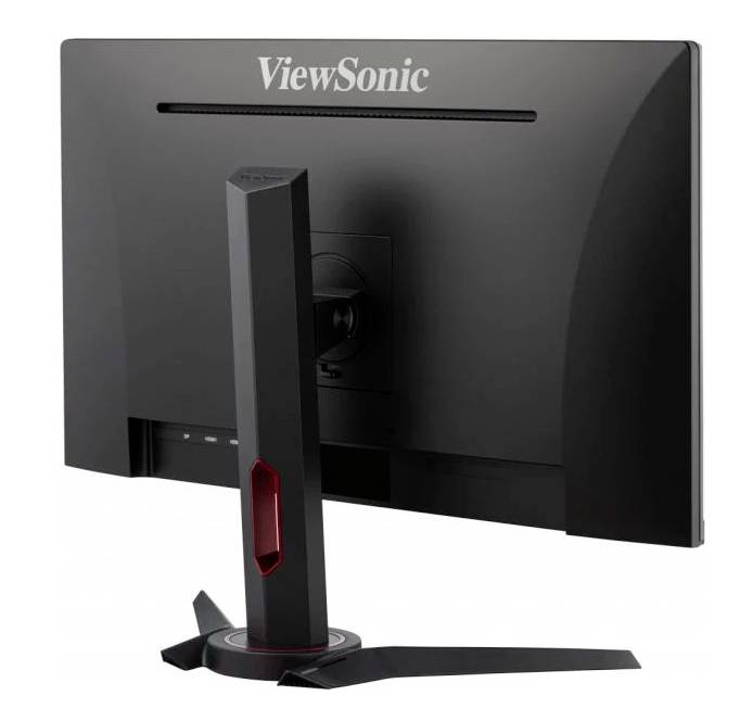 Een zwarte ViewSonic-monitor van achteren gezien, op een stabiele standaard met een ergonomisch draaibare arm.