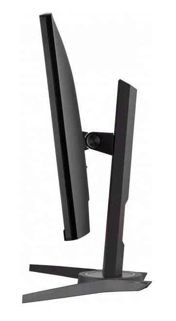 Een zwarte computerscherm van opzij, kantelbaar met een stabiele, V-vormige voet. Geschikt voor kantoor- of gaming-setups.