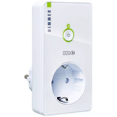 Dimmer stopcontact met draaiknop en aan/uit-schakelaar. Wit behuizing. Elektronisch apparaat voor het regelen van lichtintensiteit.
