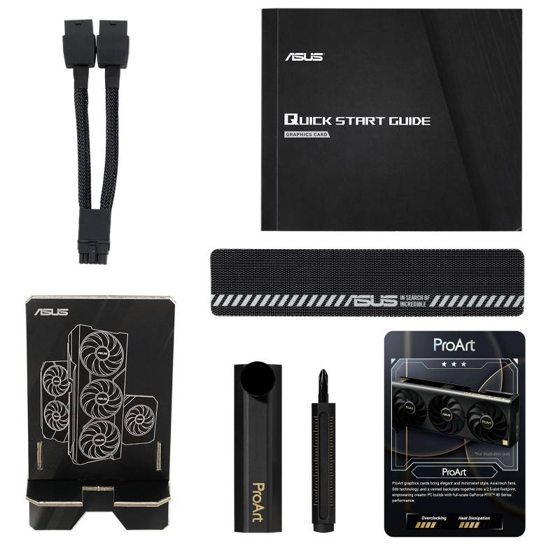 'ASUS Videokaart Accessoires: Snelstartgids, twee kabels, beugel, magneethouder en ProArt-kaarthouder.'