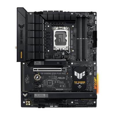 Een ASUS TUF Gaming D760-Plus WiFi-moederbord met CPU-socket, RAM-sleuven en uitgebreide heatsinks, geschikt voor gaming-pc's.