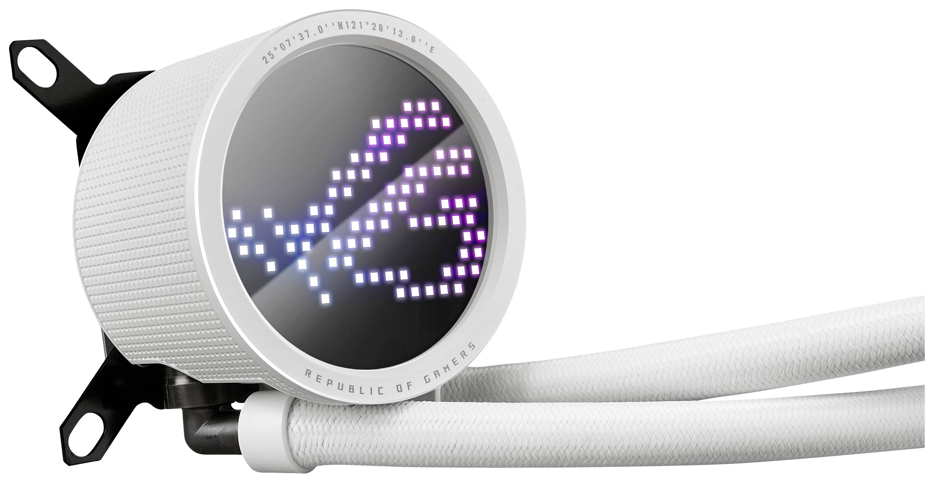 Een witte, ronde computerkoelbehuizing met een digitaal display dat een oplichtend logo laat zien in roze en paarse pixels.