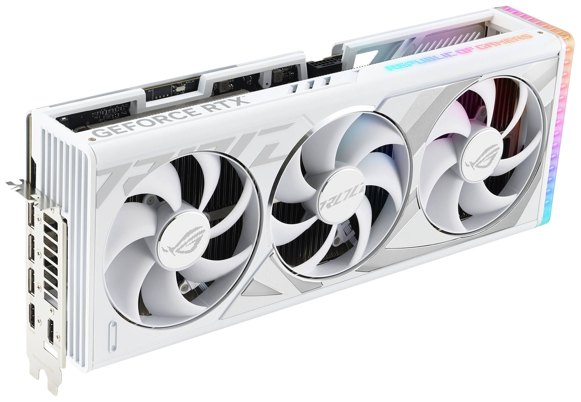 Een witte grafische kaart met drie ventilatoren en RGB-lichteffecten. Opschrift 'GEFORCE RTX' en 'ROG STRIX' zichtbaar.