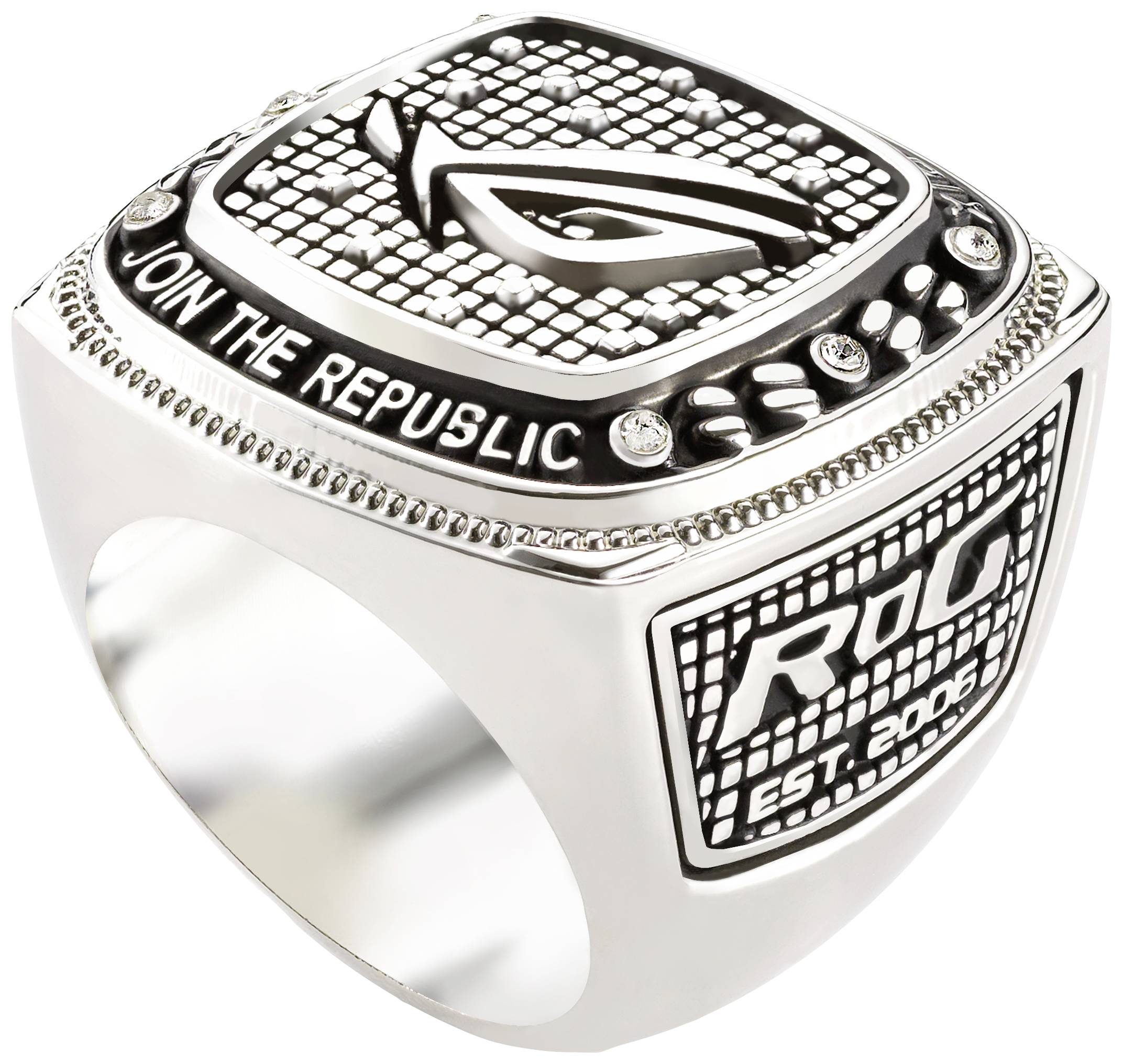 Zilveren ring met 'Join the Republic' gravure en RoG-logo, opgericht in 2006. Luxueus ontwerp met diamanten rondom het logo.