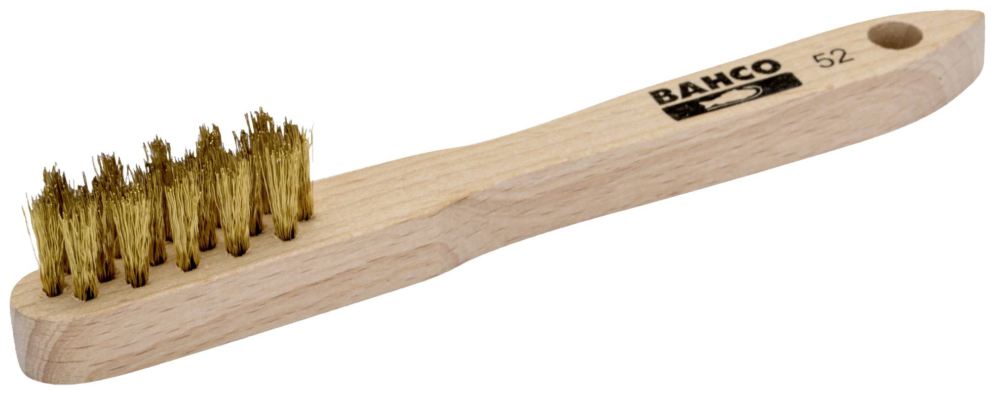 Houten houtborstel met messing borstels, opdruk 'BAHCO 52' op de steel. Geschikt voor het reinigen van metalen oppervlakken.