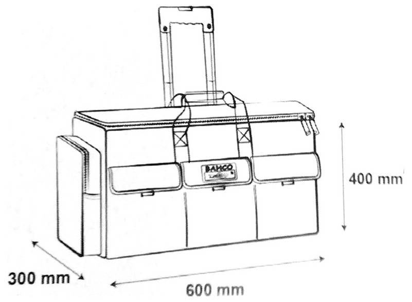 Technische tekening van een draagbare tas of koffer met handvat, met afmetingen: 600 mm breed, 400 mm hoog en 300 mm diep.