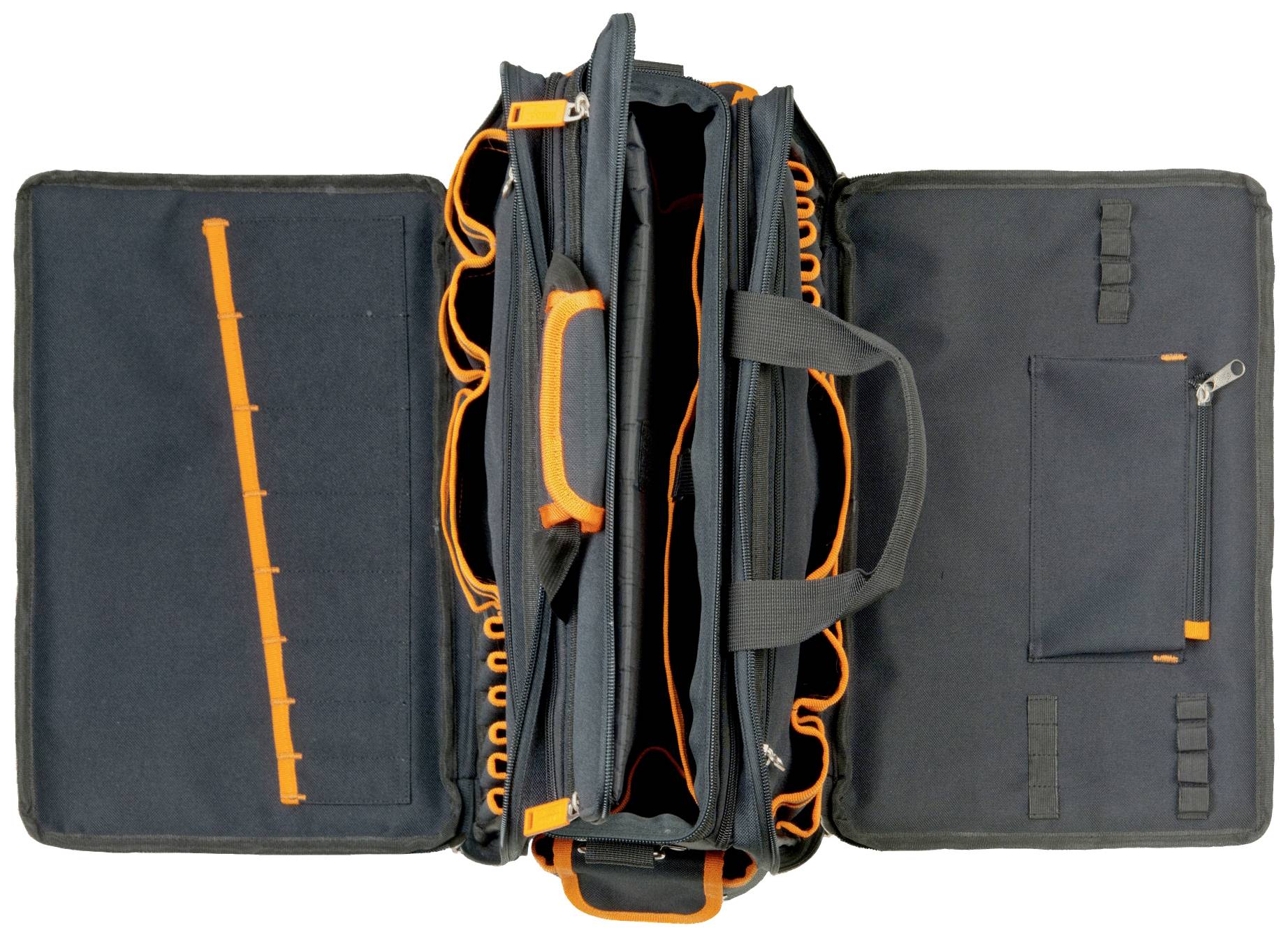 Geopende gereedschapstas met meerdere vakken en zakken voor het organiseren van gereedschappen. Hij is zwart met oranje details.