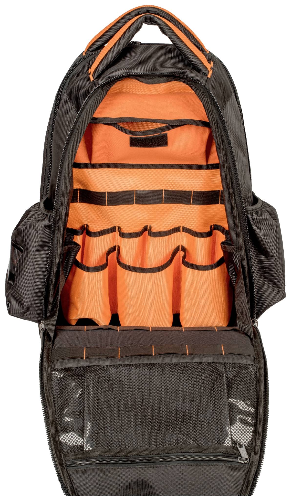 Zwarte rugzak met open rits toont meerdere vakken, waaronder een groot oranje binnenvak voor gereedschappen.