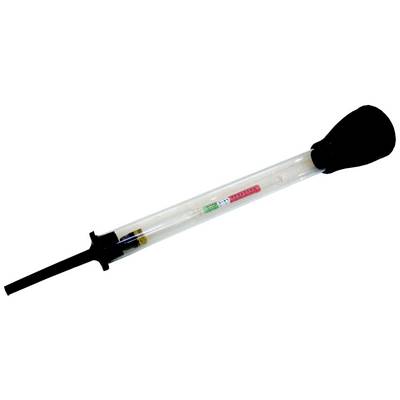 Een transparante brandstoftester met een zwarte rubberen bal aan het uiteinde, voor het meten van de vloeistofdichtheid in voertuigen.