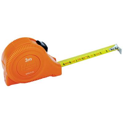 Oranje meetlint met 3 meter lengte. Het lint is geel met een zwarte schaalverdeling en rode markering bij elk decimeter.