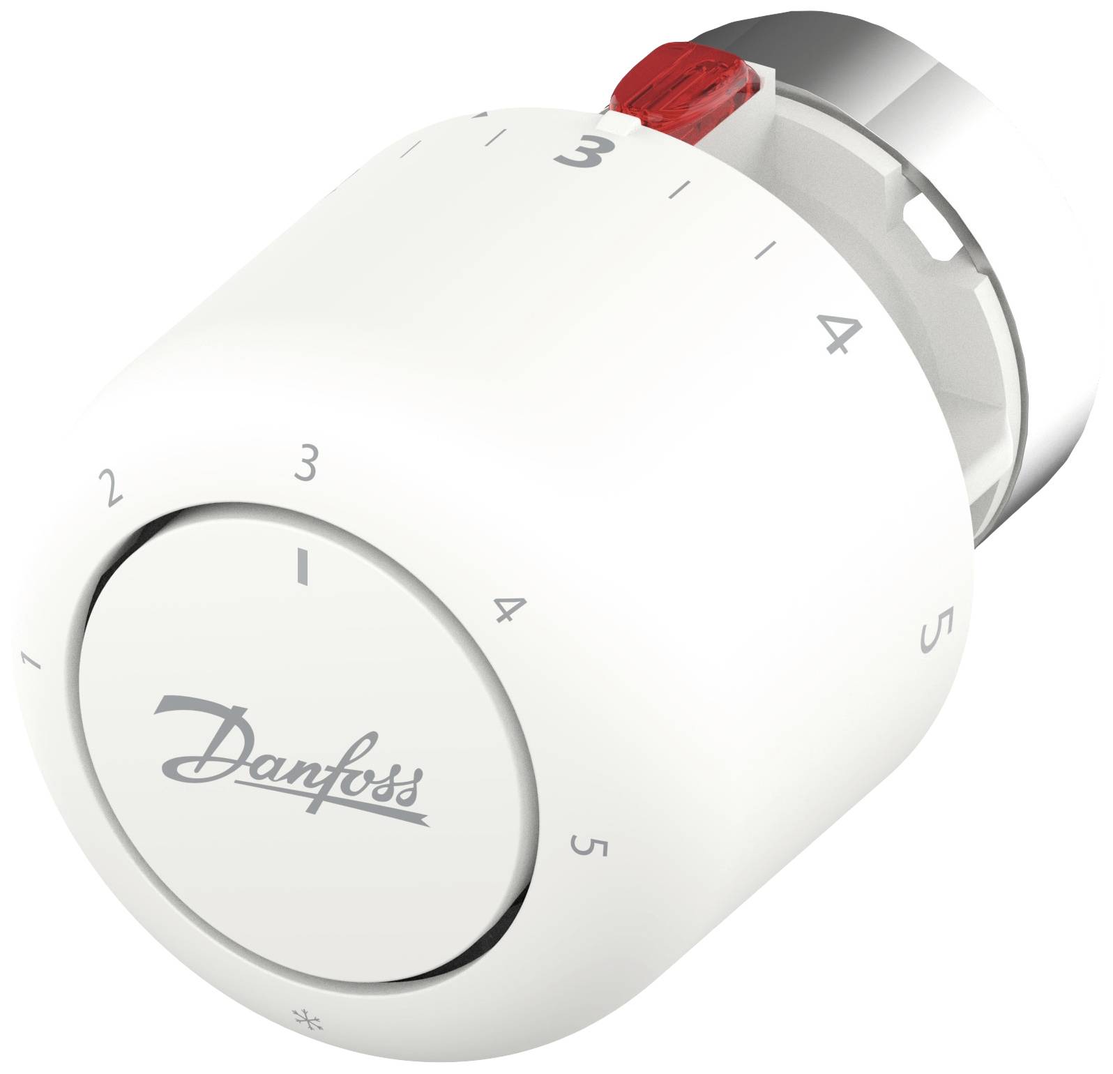 Een wit Danfoss thermostaat met een schaal van 1 tot 5 en een rode borgring.