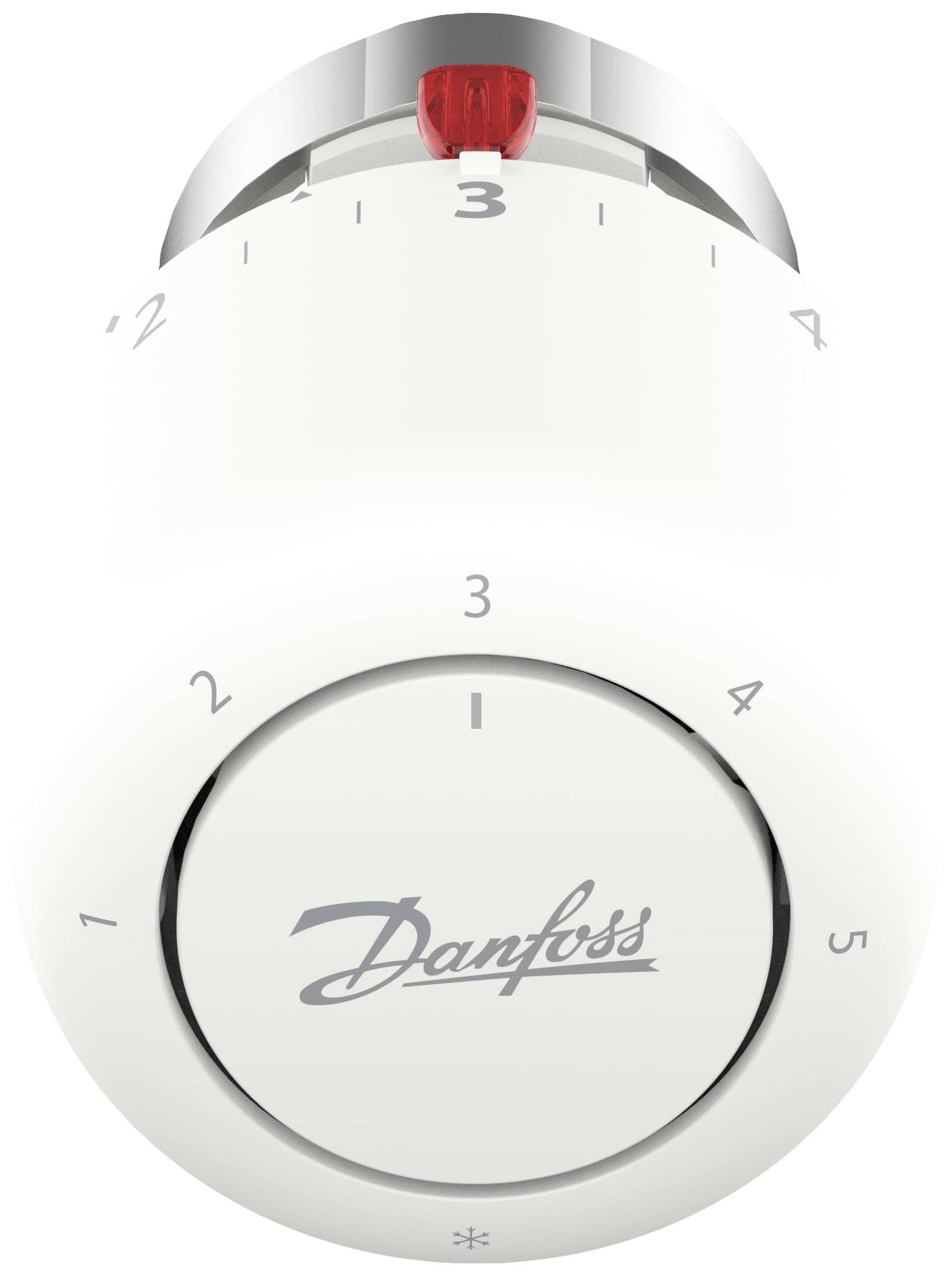Een witte radiatorthermostaat met een draaiknop van 0 tot 5, met het 'Danfoss' merk in het midden.