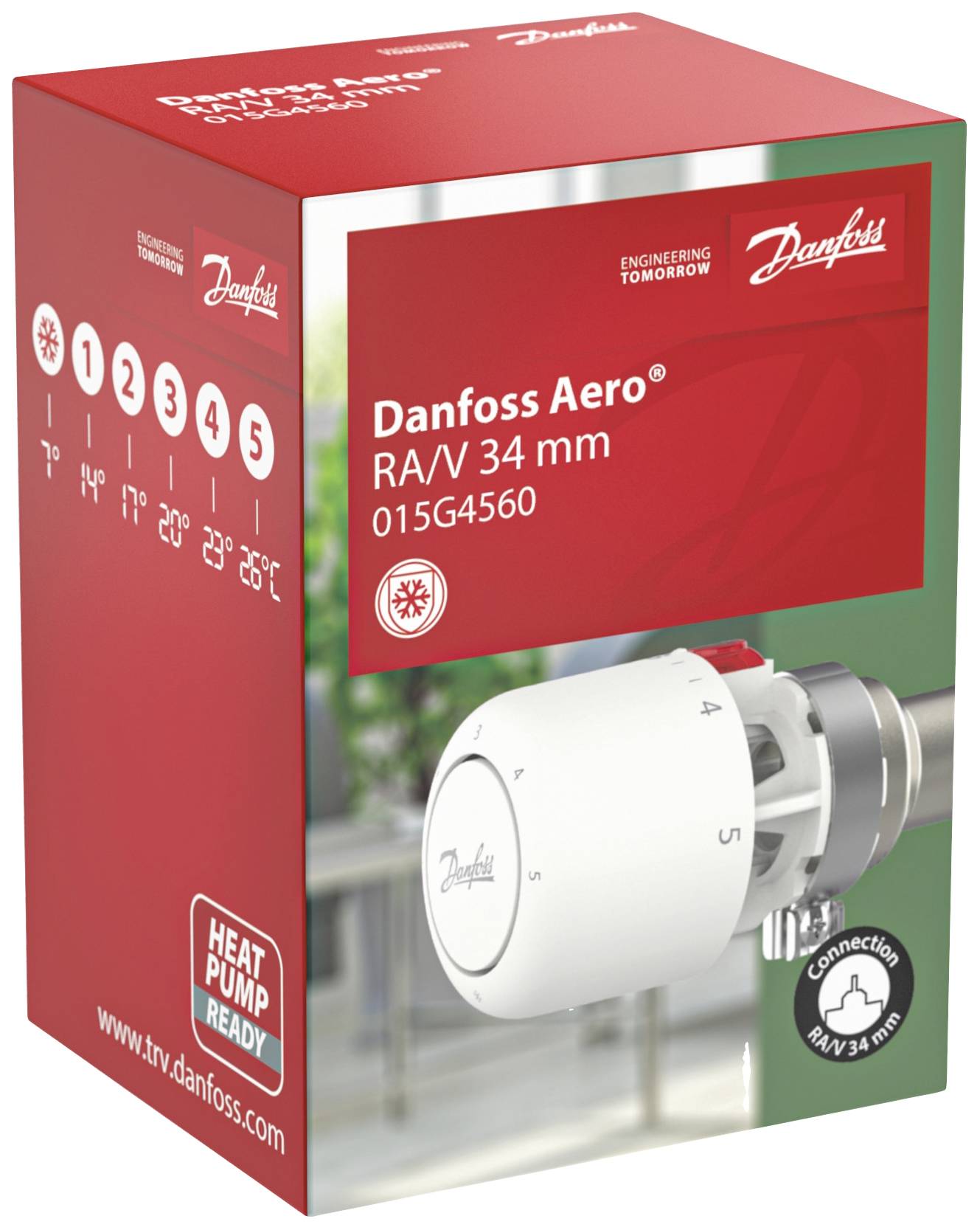 Verpakking van een Danfoss Aero RA/V 34 mm radiatorthermostaat (model 015G4560). Toont temperatuurgraden van 1 tot 5.