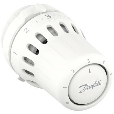 Een witte, ronde thermostaatkop met een schaal van 1 tot 5 en een markering op 3. Merkenlogo aan de voorkant.