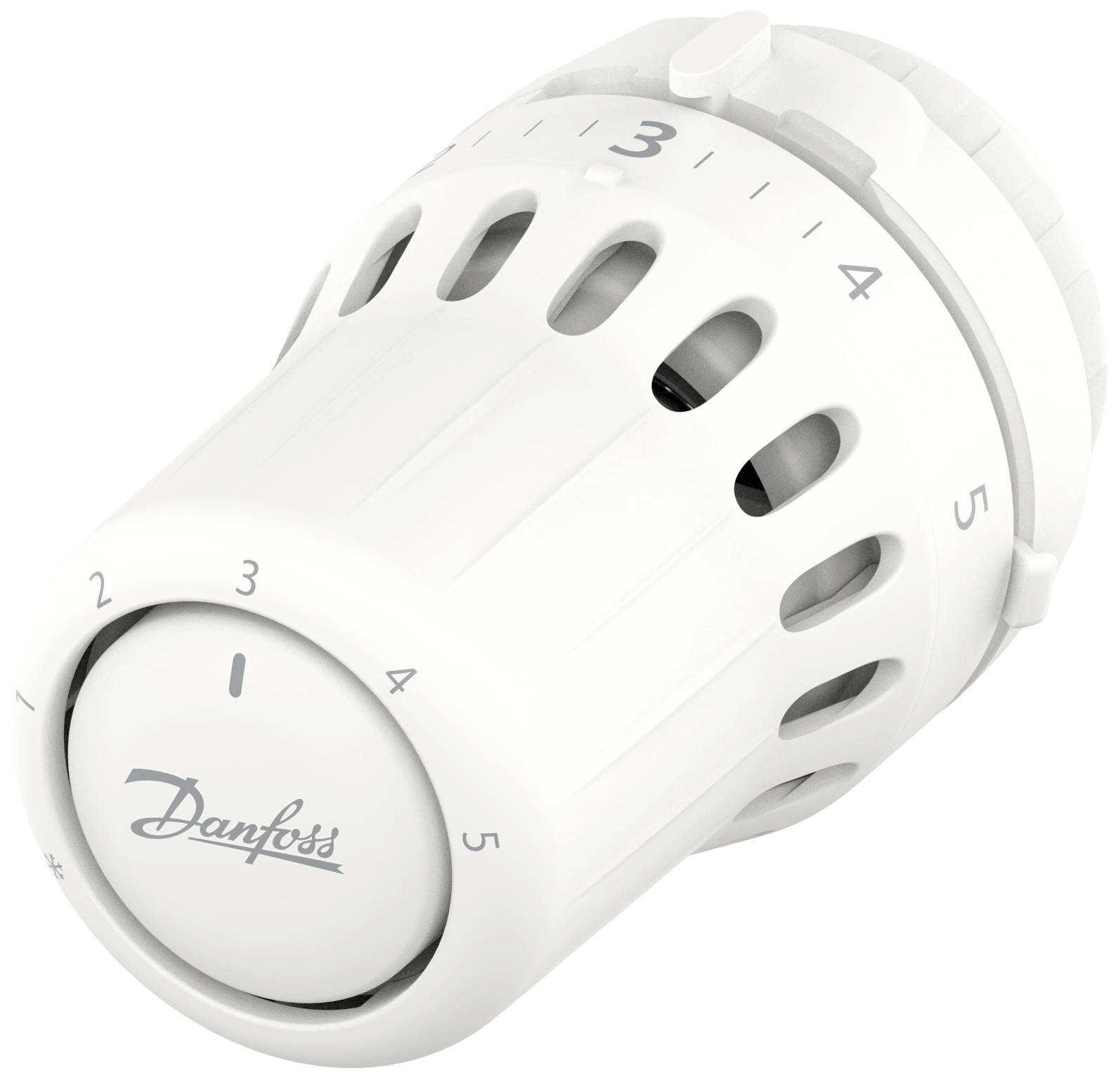 Een witte thermostaatkop met nummerverdeling van 1 tot 5 en het merknaam 'Danfoss', toont instelling voor verwarmingstemperatuur.