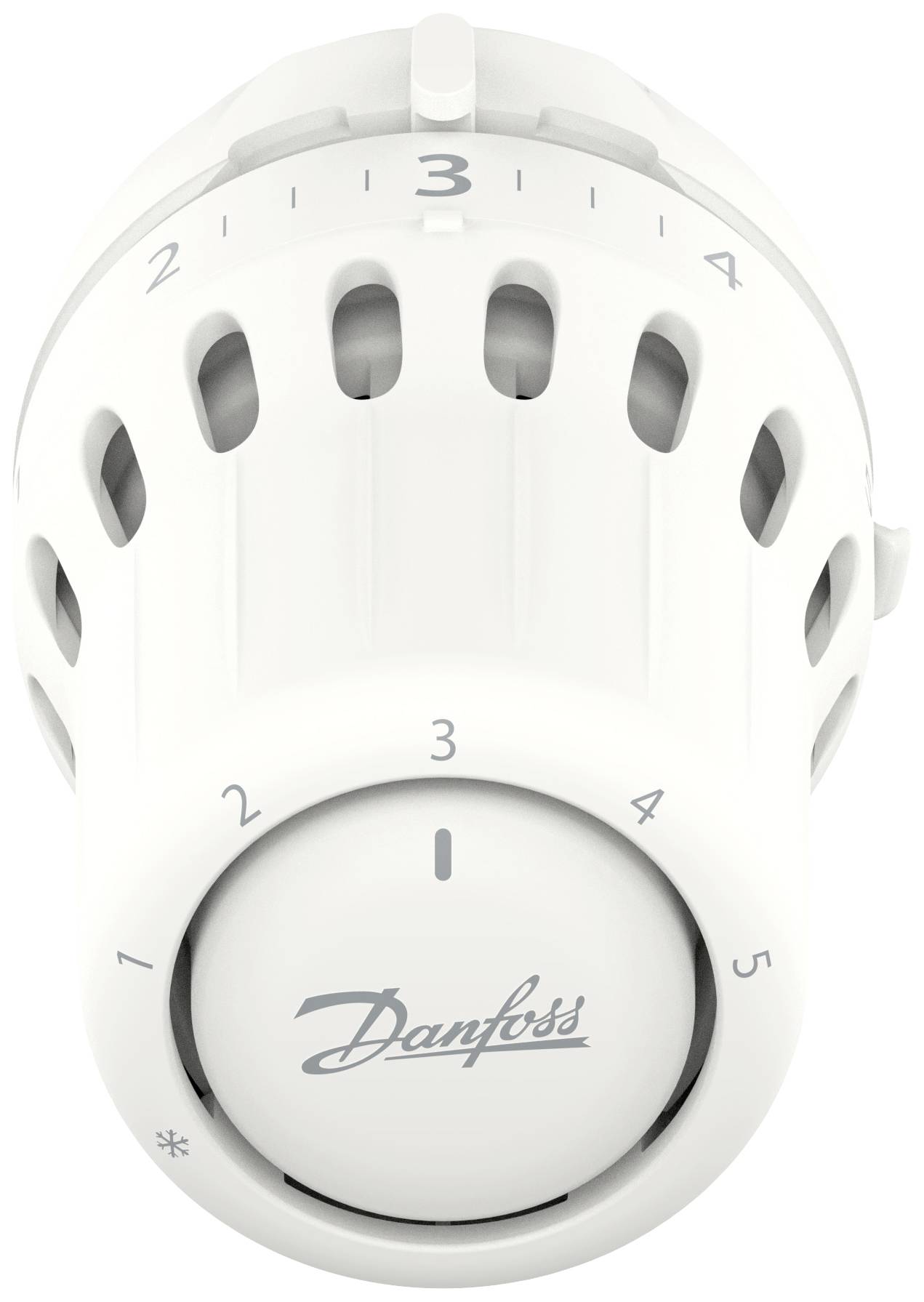 Wit thermostaat met schaal van 1 tot 5, ingesteld op 3. Markering voor vorstbeveiligingssymbool en logo op de voorkant.