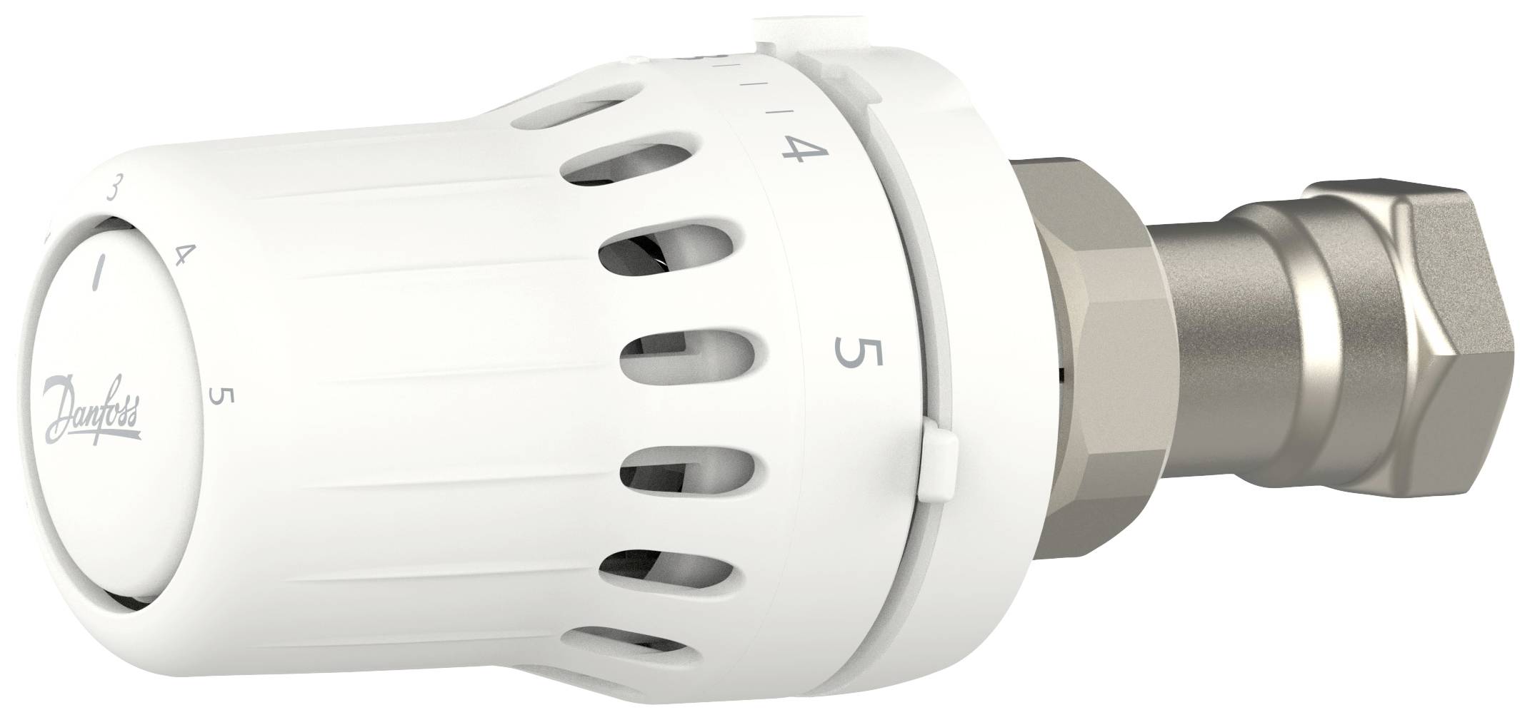 Een witte radiatorthermostaat met een schaal van 1 tot 5, bevestigd aan een metalen aansluiting.