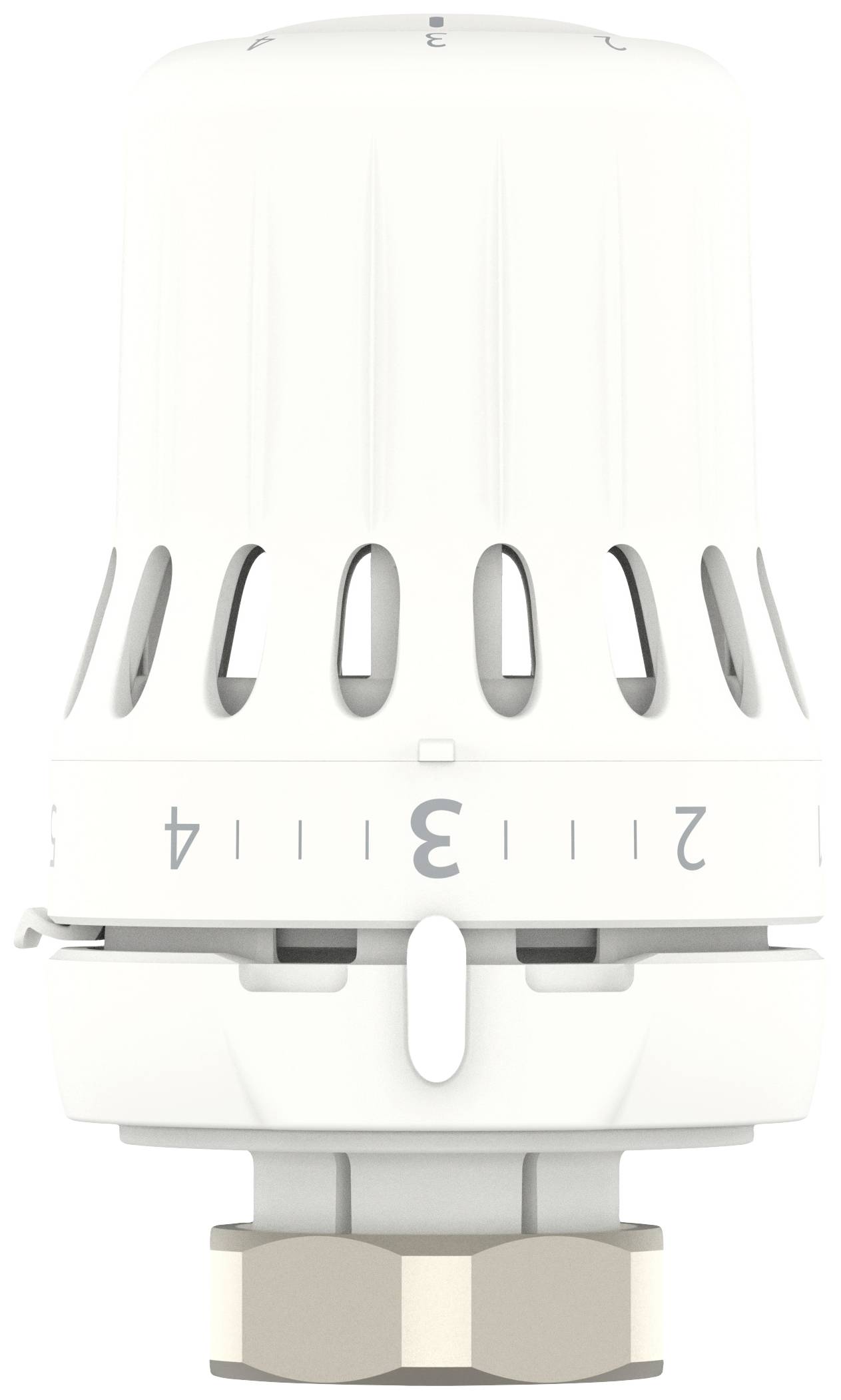 Witte thermostaatkop met nummers van 1 tot 5, toont de huidige instelling 3. Wordt gebruikt voor het regelen van de radiatortemperatuur.