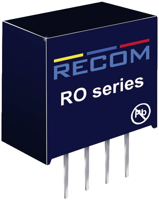 Illustratie van een RECOM RO series spanningsregelaar met vier metalen pinnen en een zwarte behuizing met blauwe opdruk.