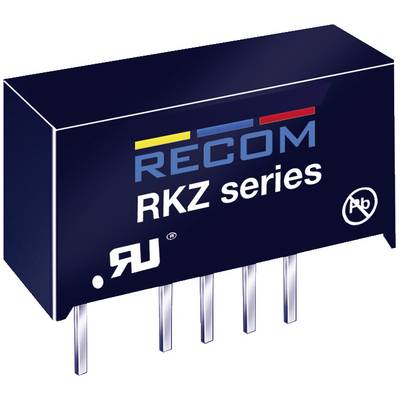 Een rechthoekig, zwart elektrisch component met de opdruk 'RECOM RKZ series'. Het heeft zes metalen pinnen aan de onderkant.