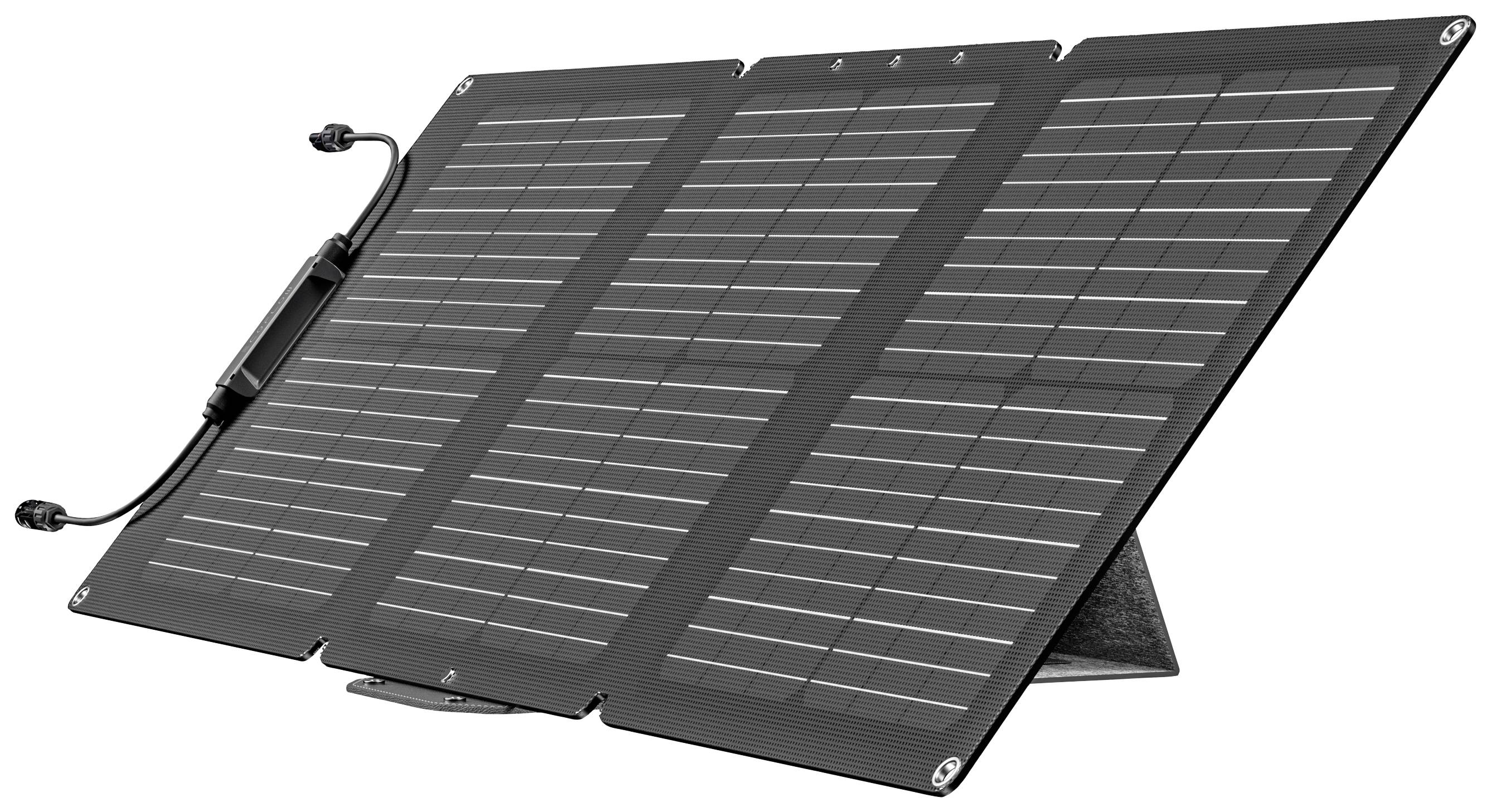 Een opvouwbare zonne-oplader met drie panelen, geschikt voor buitenactiviteiten om apparaten van stroom te voorzien.