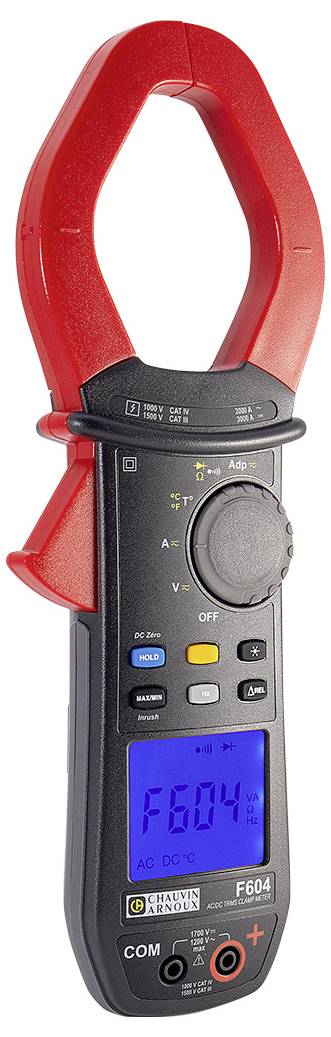 Digitaal schuifmaat met rode grijper, zwarte behuizing en verlicht display, toont "604A". Geschikt voor AC/DC-stroommetingen.