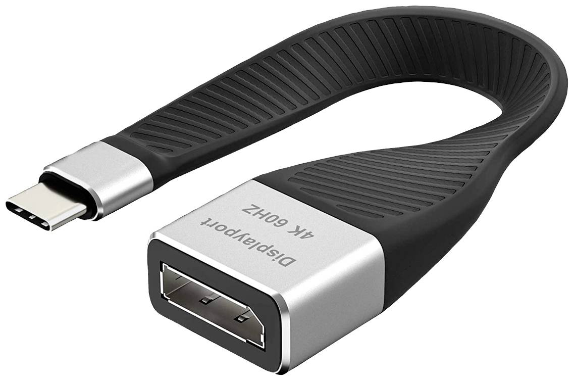 USB-C naar DisplayPort-adapterkabel met zwart flexibel ontwerp. Ondersteunt 4K bij 60Hz. Voor het aansluiten van apparaten op beeldschermen.