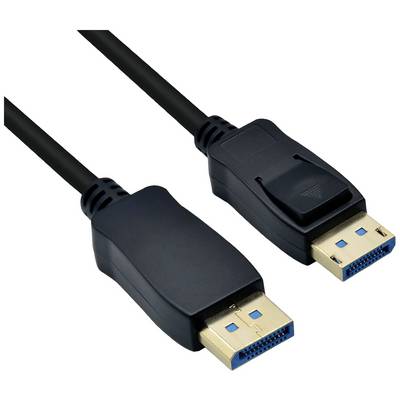 Twee DisplayPort-kabelstekkers met zwarte kabels naast elkaar liggend. De rechter stekker wijst naar boven.
