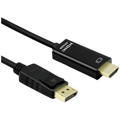 Twee zwarte kabels: links een DisplayPort-stekker, rechts een HDMI-stekker. Beide zijn verbonden door een zwarte kabel.