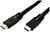 Twee zwarte HDMI-kabelstekkers naast elkaar. Links een mannelijke aansluiting en rechts een vrouwelijke aansluiting.