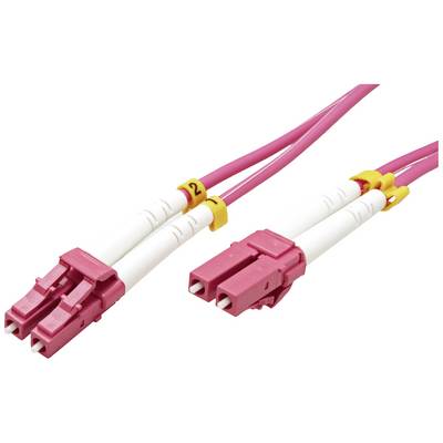 Twee roze glasvezelkabels met witte aansluitingen. Elke kabel heeft gele markeringen met de cijfers '1' en '2'.