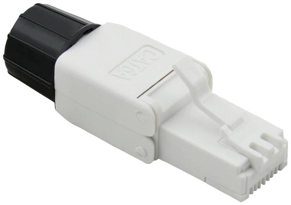 Een rechthoekige kunststof stekker met een zwart en wit behuizing, geschikt voor glasvezelnetwerken, ligt op een witte oppervlakte.