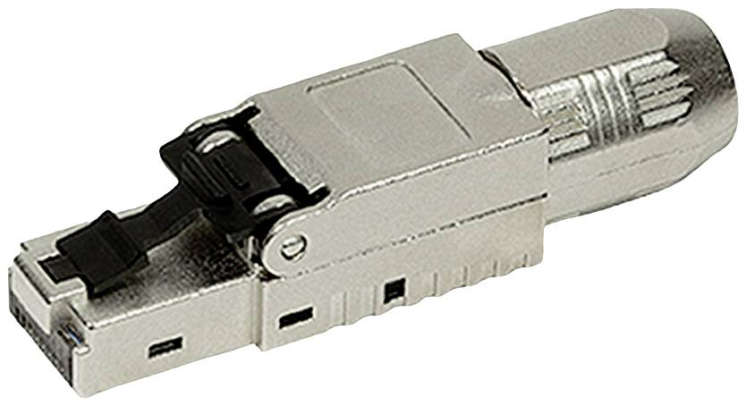 Een RJ45-connector voor netwerkkabels in een metalen behuizing.