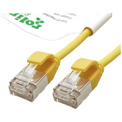 Twee gele Ethernet-kabels met RJ45-connectoren naast elkaar voor een witte achtergrond. De kabels zijn bedoeld voor netwerkverbindingen.