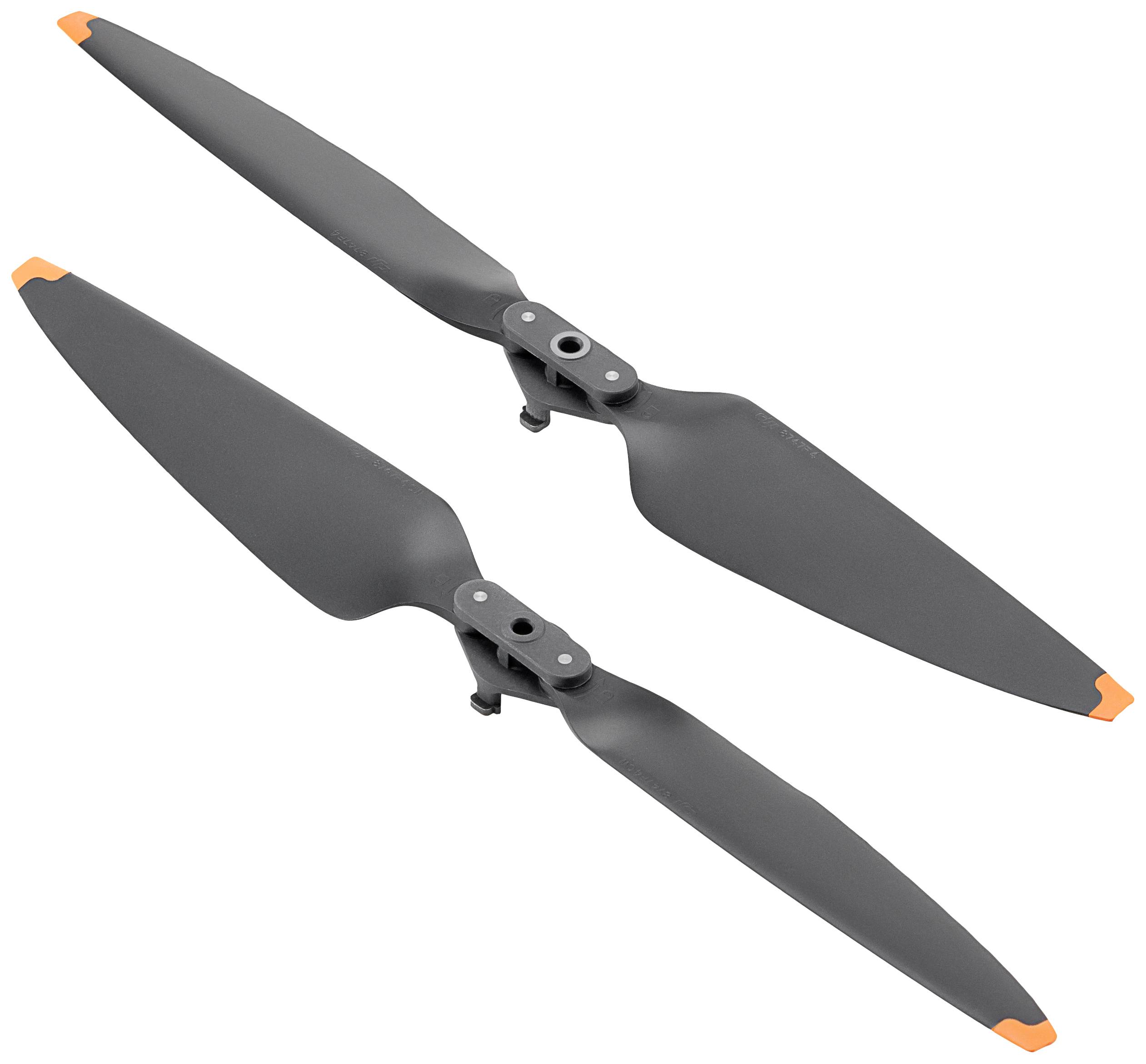 Twee zwarte drone-propellers met oranje punten op een witte achtergrond.