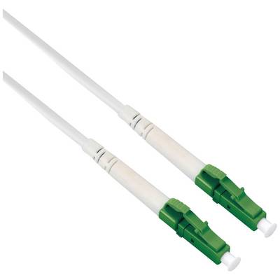 Twee witte glasvezelkabels met groene connectoren aan hun uiteinden. Ideaal voor snelle en betrouwbare gegevensoverdracht.