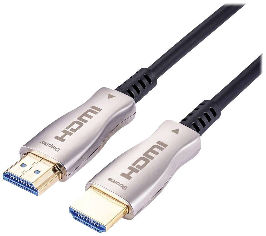 Twee HDMI-kabels, een gelabeld met 'Display' en een met 'Source', liggen naast elkaar. Ze zijn zwart met zilveren aansluitingen.